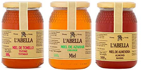 L'Abella Mel Pack de 3 tipos de miel (1,5kg) | Miel recolectada en España- Miel de almendra, Miel de azahar y Miel de tomillo