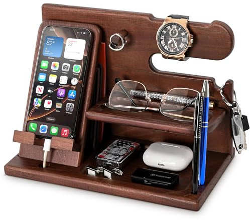 TESLYAR Handy Dockingstation & Schreibtisch Organizer Holz mit Handyständer Braun für Büro Aufbewahrung Organisation Schöne Männer Geschenke Geburtstag Herren Weihnachten Männer
