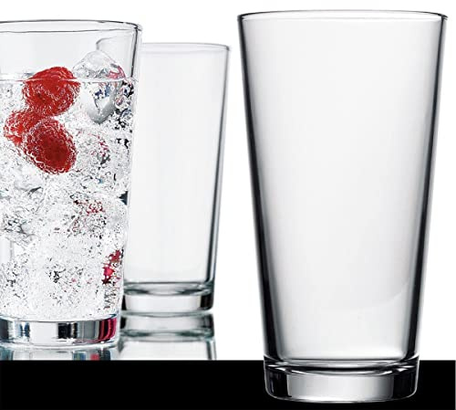 AMZ Empire 16 oz Pint Drinking Glasses Extra Strong - Stackable Highball Glass Cups Set of 4 Tempered Rim Clear Heavy Base, Case of 4 w/coasters