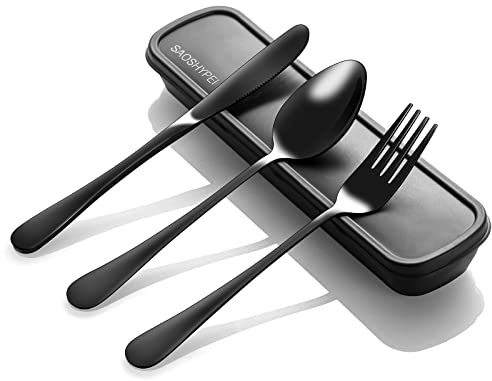 Bärbart bestickset med fodral, 4 stycken återanvändbara redskap i rostfritt stål för lunch, camping, skola, pienisk, arbetsplats, resor, lunchlåda, gaffel,