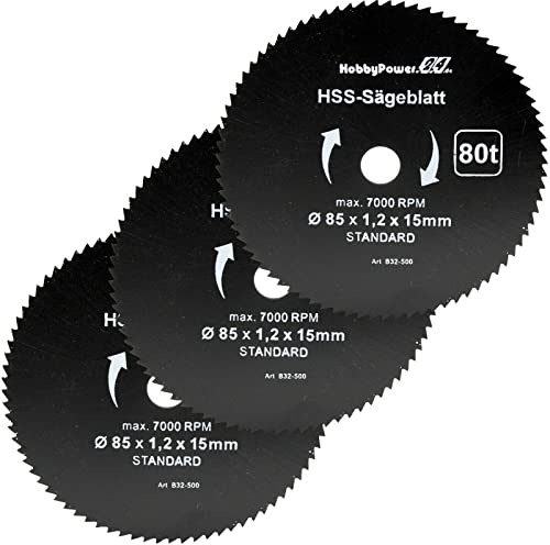 3 Stück HSS Sägeblatt Ø 85 x 15 mm 80 Zähne Kreissägeblatt Kreissäge für Holz, Kunststoff, Alu, Messing kompatibel mit 12V 10,8V Bosch, Makita, Handkreissäge