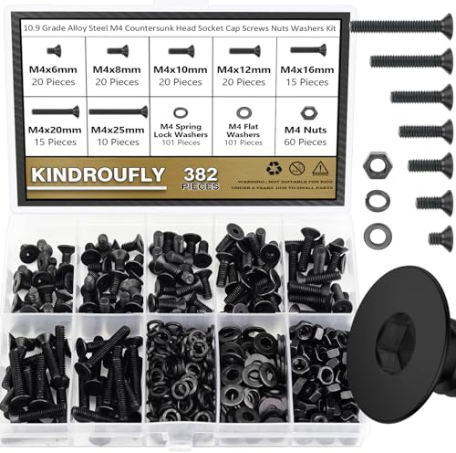 Kindroufly 382 Pieces Black M4 x 6/8 /10/12 /16/20 /25mm Countersunk Head Socket Cap Screws Nuts Washers Assortment Kit, 10.9 Grade Alloy Steel