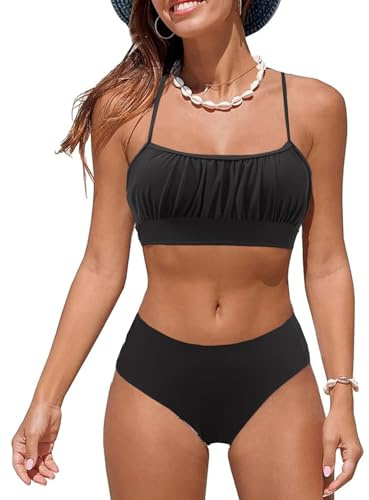 Costumi da Bagno per Donna a Due Pezzi Ruched Bandeau Bikini Set Regolabile Tracolla Costumi Donna Imbottito Push Up Bikini Top Sgambata a Vita Alta Fond Beachwear Swimwear(Nero,XL)