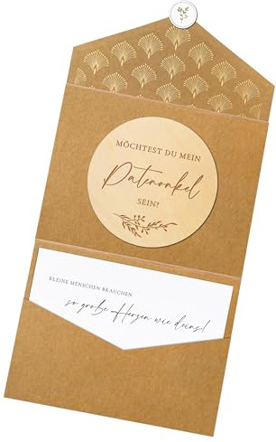 Joli Coon Patenonkel fragen Holzscheibe mit Klappkuvert und Siegelaufkleber | Strukturiertes Designerpapier, Natur-Klappkuvert, für eine besondere Patenfrage, Premium-Papeterie