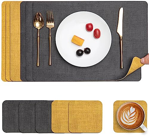 Myir JUN Tischsets abwaschbar Leder und Untersetzer doppelseitige Platzsets | Platzdeckchen abwaschbar 6er Set rutschfest Tischsets Platzsets abwaschbar Kunstleder (Grau Gelb, 6er Set)