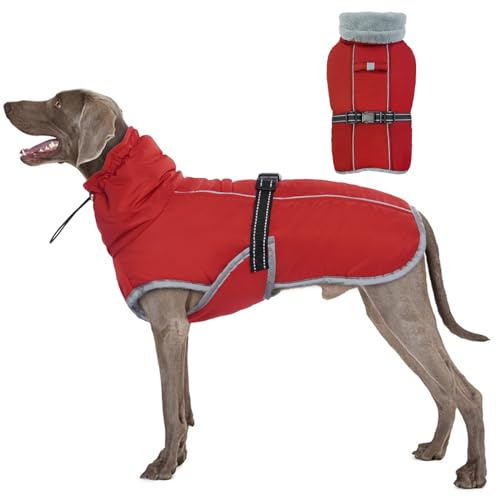 OUOBOB Hundemantel, Hundejacken für mittlere Hunde, wasserdichte Hundeweste, Reflektierende warme Hund Schneemantel, Hund Clod Wetter Bekleidung, Winddichte verstellbare Hund Schneeanzug Rot L