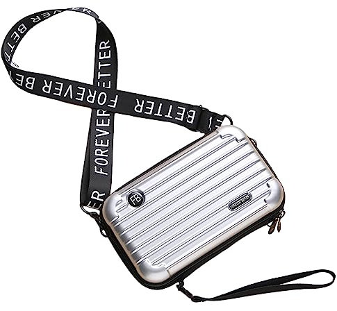HOUHOUYIBA Mini-Koffer-Umhängetasche, Hartschalen-Kosmetik-Reiseetui in Form Einer Make-up-Tasche, tragbare Kultur- und Make-up-Tasche, Umhängetasche, Handtasche mit Riemen (Silber)