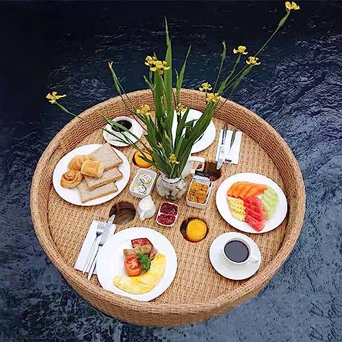 Plateau d'eau flottante tissé rond, plateaux de service flottants barre de table ronde, plateau à flotteur à eau, bacs flottants de piscine, pour piscine, bancs de sable, spas,fêtes,Apricot-60cm