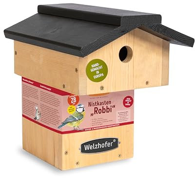 Welzhofer Nistkasten Robbi, Vogelhaus mit 28mm Einflugloch, handgemacht in Europa, für Blau-, Hauben-, Sumpf- und Tannenmeisen, katzensicheres Vogelhaus