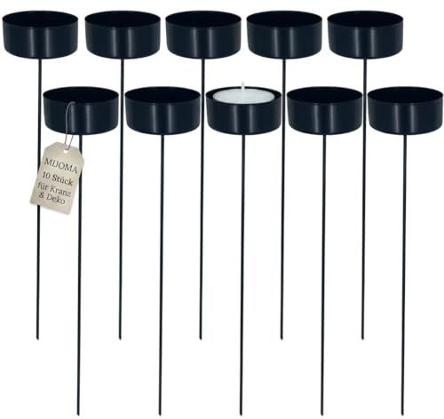 MIJOMA Kerzenhalter zum Stecken 10 Stück Schwarz – Metallhalter für Teelichter bis 40 mm, 20 cm lang, für Adventskranz und Tischdekoration