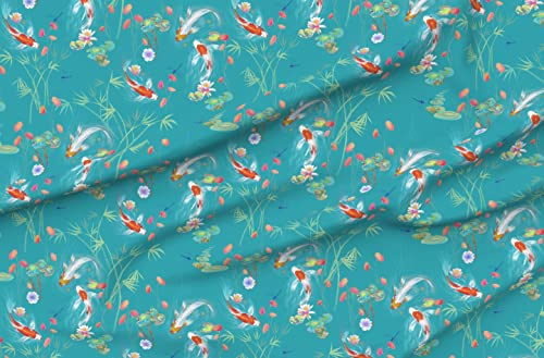 Spoonflower Fabric - Koi Fish Japanese Floral Water Pond Chinoiserie Spring Ethnic Printed on Polartec(R) Fleece Fabric by The Yard - Sewing Blankets Loungewear and No-Sew Projects