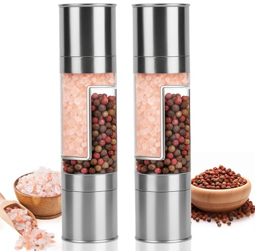 2Pcs Salt and Pepper Grinder, 2 in 1 Pepper Mill with Two-Head, 304 Stainlesssalt and Pepper Mill,Refillable Adjustable Coarse and Fine Pepper Grinder, Fits in Home, Kitchen