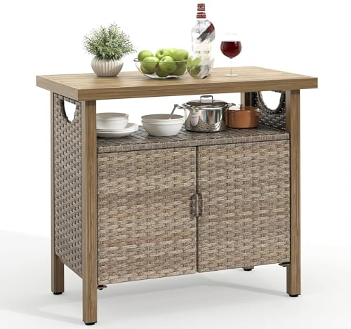 YITAHOME Outdoor Storage Cabinet, Patio Bar Table with Two Doors and Shelves, Weatherproof Wicker Storage Console Table for Outdoor Cushions, Pool Tool and Garden Potting - Brown