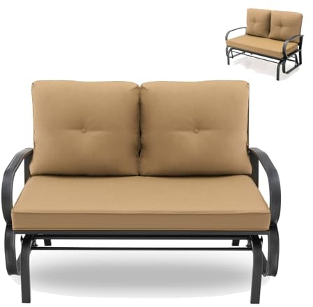 SFAREST Patio 2-Seater Glider Bench, Outdoor Swing Gliding Chair with Soft Cushions and High Backrest, Metal Rocking Seating for Garden Porch Balcony Yard(Beige,128 x 60 x 87 cm)
