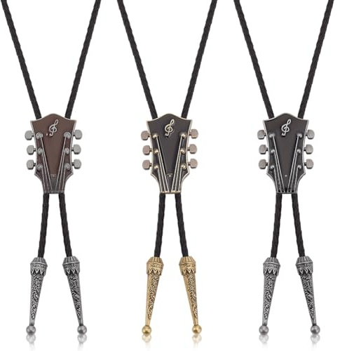 WEBEEDY 3 PCS Bolo Tie Cowboy Cravate Western Cuir Cravate de Mariage Turquoise Bolo Tie Collier Vintage Guitare Musique Pendentif Costume Accessoires pour Chemise, Costume, Vêtements de Loisirs