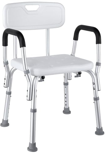 LIFERUN Adjustable Shower Chair, Shower Seat with Back and Padded Arms, Anti-Slip Feet, Maximum Load 136kg, Portable Bath Stool for Elderly, Disabled and Pregnant, White