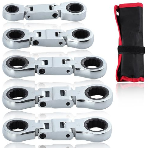 SPEEDWOX 5Pcs Double Box End Ratchet Wrench Head Flex Wrench Set Combination Ratchet Flexible Head Double Box Ratchet Wrench Slim Mini Nano Flex Wrench Set Metric Wrench Set