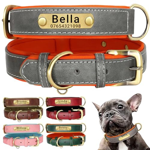 SEOUGEE Hundehalsband aus echtem Leder, personalisierbar, weich gepolstert, strapazierfähig, mit individuell graviertem Namensschild, verstellbar für kleine, mittelgroße und große Hunde (L, Grau 35–45