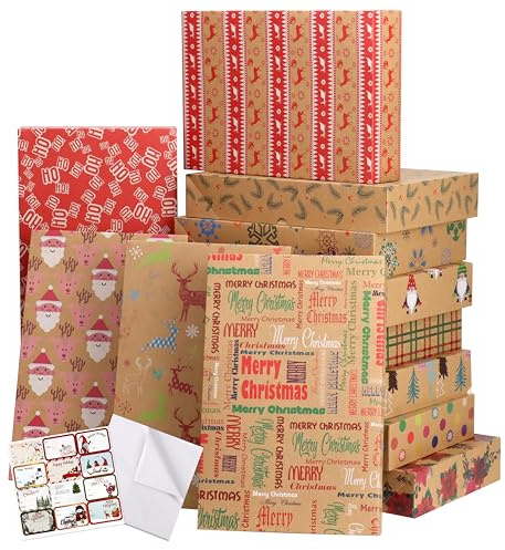 Giiffu 12 Stück Weihnachts Hemdenboxen Geschenkbox mit Deckel Mittel | Kraft Karton Geschenkverpackung 12 Muster mit Seidenpapier & Tags