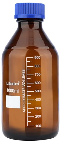 Labasics Reagenz Medien Vorratsflaschen, 1 Pack Bernsteinfarbene Glas Graduierte Runde Flaschen für Labor Reagenz Medienlagerung mit Blauer Schraubkappe, 1000 ml