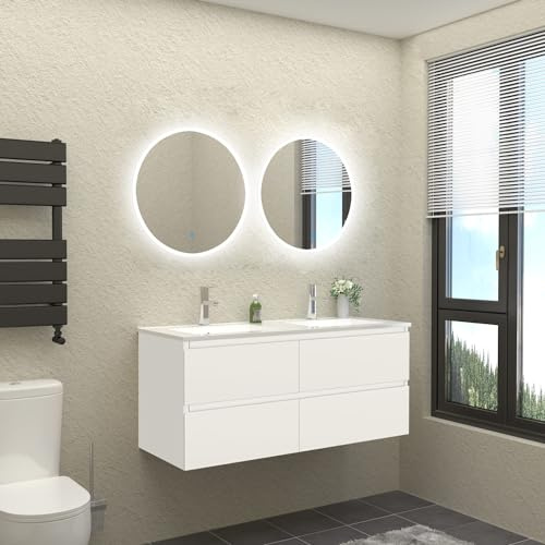 HAPAOSO Ensemble Meubles Salle de Bain avec Double Vasque + 120 cm Meuble sous Vasque Couleur Blanc（Double Porte Ouverte）+Miroir Rond LED 60cm