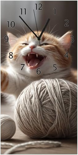 Wallario Design-Wanduhr Katze mit Wollknäuel aus Glas, Motiv-Uhr Größe 30 x 60 cm, Schwarze Zeiger