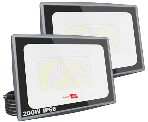 HOOLED Focos LED Exterior 200W, 20000ml, 6500K, haz de 120°, Foco Proyector LED IP65 impermeables, Blanco Frío Floodlight, Iluminación exterior para techo, jardín, patio, puerta, garaje (200W-2PC)