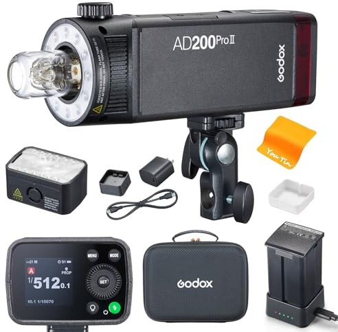 GODOX AD200Pro ll AD200 Pro ll Taschenblitz TTL 2,4 G 200 Ws 1/8000 s HSS 1/512 Volle Leistung, Upgrade-Version mit Zwei Köpfen, Farbgruppen Anzeigeleuchte, GODOX Taschenblitz für C N S O P F Kamera | Verbesserte Wärmeableitung, 500 Blitze mit voller Leistung, 0,01–1,8 s Recycling 1/512–1/1 Ausgang, One-Tap-Synchronisation