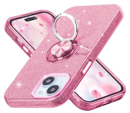 wisdompro Pink Glitter Case for iPhone 15 Plus/14 Plus with 360° Ring Stand | Bling Sparkle Case for Girls Women, Cute Sparkly Girly Phone Cover for iPhone 15 Plus/14 Plus(6.7 Inch), Anti-Scratch