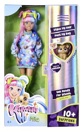 Simba 105953974 - Kawaii Hi Ankleidepuppe Mia (26 cm) - bewegliche Modepuppe zum Frisieren und Stylen, Puppe mit Langen Haaren, Hund und Zubehör, Spielzeug für Kinder ab 4 Jahre