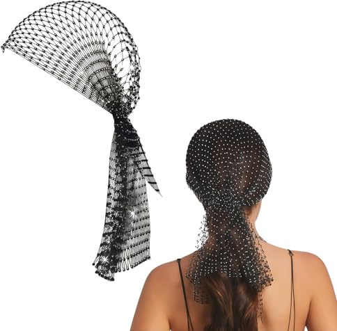 Strass-Kopftuch, Netz-Stirnbänder, Glitzer, Kristall, Kopftuch, Fischnetz-Turban, Nachtclub, Headwrap, Haar-Accessoire (schwarz)
