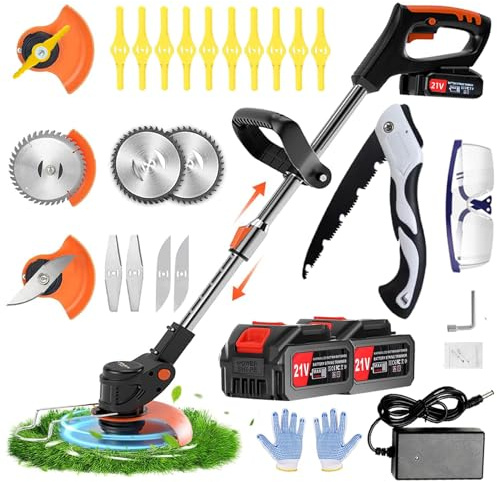 Debroussailleuse Electrique sans Fil, Débroussailleuse Batterie, avec 2 Batteries 21V 2.0Ah et 3 Lames, Coupe Bordure sans Fil avec Batterie pour tondre Le Jardin et la pelouse.