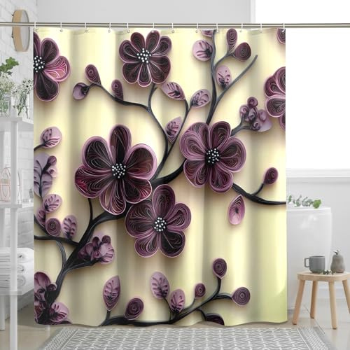 DESIHOM Paper Quilling Plum Bossom Shower Curtain Set 62 W x 72 L, Art Floral Bathroom Decor, 3D Flower Printed Fabric Bath Accessories