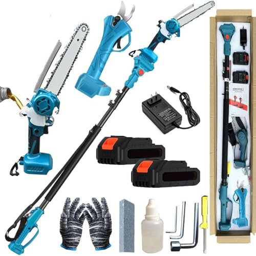 QYOEGSQ Kit combiné 4 en 1 scie à Perche et sécateur avec 2 Batteries,Mini tronçonneuse de 8 Pouces avec graisseur,sécateur sans Fil avec Perche d'extension,Coupe-Branches et sécateur for Arbres