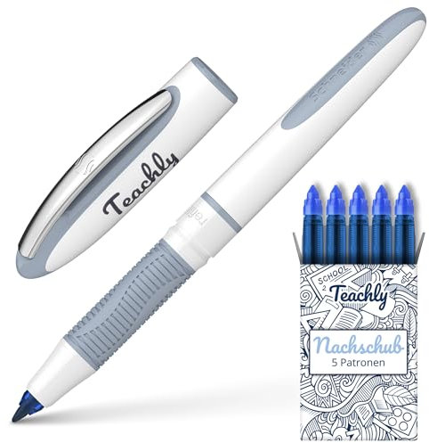 Teachly Superstudent Tintenroller - Nachfüllbarer Stift für Uni, Schule & Büro (Anthrazit) - Inkl. 7 Tintenpatronen (Blau)