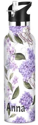 Botella de agua personalizada para niños, botella de 20 onzas para niños y niñas, sin BPA, flores moradas y lilas