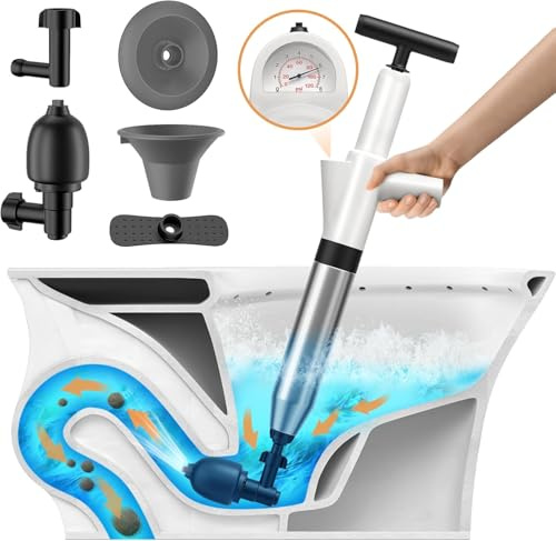 trivkyand Toilet Unblocker, Toilet Plunger High Pressure Duty Drain Unblocker Tools with 4 Replaceable Heads for Sink Toilet Floor Drain and Pipe Clog Unblocking
