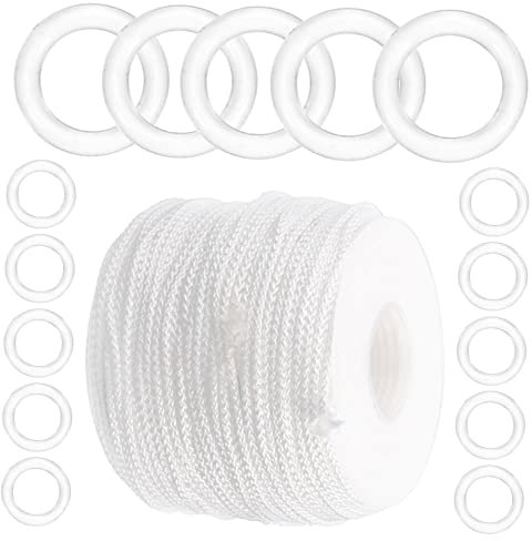 ERINGOGO Roman Curtain Rings with 50 Meter White Rope String, Pom Material for Easy Installation and Great for Beading, for Roman Blinds and Home Decoration