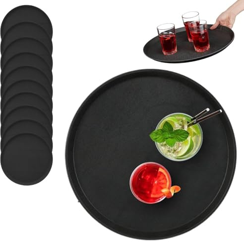 Set de Bandejas para Servir Camareros, Bar, Gastro, Redondas 40cm Ø, Gastronomía, Tabla Servir, Revestimiento Antideslizante Borde Alto (10x Color Negro)