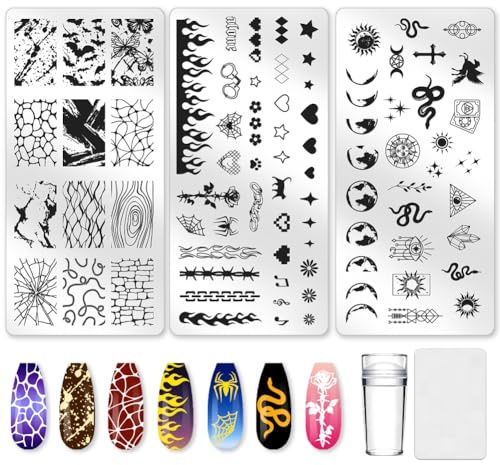 beinkmake 3Pcs Punk Nail Stamping Plate Set Snake Heart Nail Stamping Templates French Line Tip Nail Plates Flames Star Stainless Steel DIY Reusable Tools with Stamper Scraper for Manicure Printing