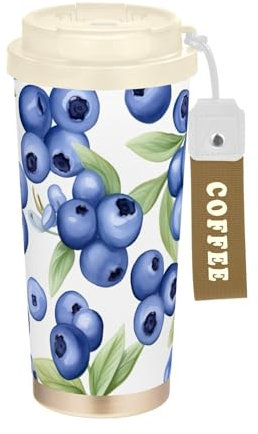 SKYSHU Blueberry Tasse à café de voyage isotherme de 500 ml avec couvercle paille, gobelet anti-déversement et étanche avec poignée – Bouteille d'eau réutilisable en acier inoxydable pour l'école, le