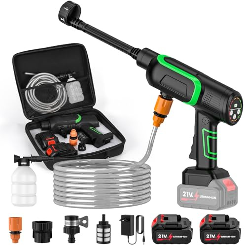 Nettoyeur Haute Pression sans Fil, 50 Bar Nettoyeur Haute Pression sur Batterie avec 2 × 3.0Ah Batterie, Tuyau de 5M, Buse 6 en 1, Trois Modes de Nettoyage, pour Lavage de Voiture, Cour, Jardin