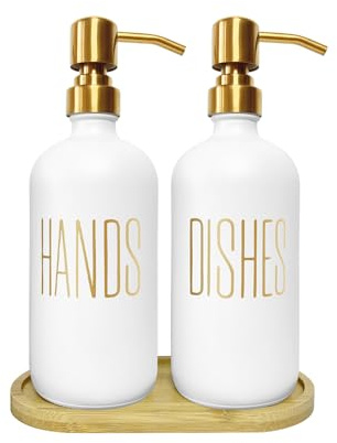 Guld tvåldispenser set för kök med bambubricka – hand- och disktvåldispenser set, vita glasflaskor med guldtryckta etiketter, 480 ml vardera