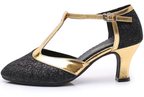 WUIWUIYU Women Dance Glittery Shoes 2.2 Heels T-Strap Dancing Heeled Pumps for Ballroom Salsa Tango Flamenco Latin Paso Doble Footwears Red Size 8