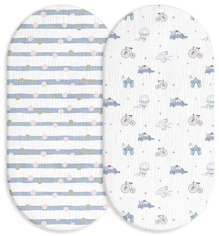 Soarwg Kids Spannbettlaken Kinderwagen, 2er-Pack, 83x43cm | Unterwegs Design. Weiche atmungsaktive Musselin. Passt ovale & rechteckige Babywannen. Waschbar. Oeko-Tex.