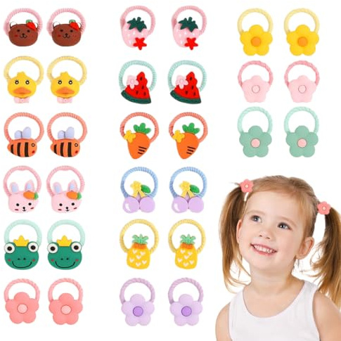 KEWUF 30 Unidades Coleteros Pelo Niña, Gomas Elásticas Colores, Gomas Pelo Bebe, Accesorios para el Cabello para Niños Pequeños, Gomas para el Pelo Adorables (Frutas, Animales, Flores)