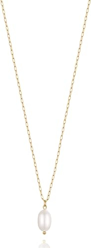day.berlin Damen Perlenkette Luna 18k vergoldet, 50+5 cm Halskette mit echter Süßwasserperle (10×8 mm), filigrane Gliederkette aus 316L Edelstahl, nickelfrei und wasserfest