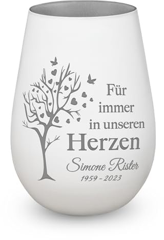 Trauerlicht personalisiert Gravur Name Datum Gedenklicht Lebensbaum Weiß | Windlicht, Erinnerung, Teelichtglas, Grablicht, Kistallglas mit Personalisierung, würdevolles Andenken, Trauergeschenk
