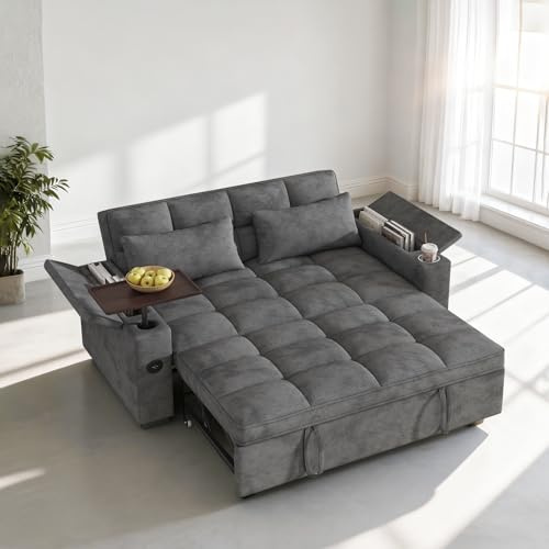 Dreamzie 65'' 3 in 1 Convertible Sleeper Sofa Bed, Chenille Pull Out Couch for Living Room with 90° Swivel Side Table, Loveseat Sleeper with Charging Port | Side Pocket | Cup Holders, Grey