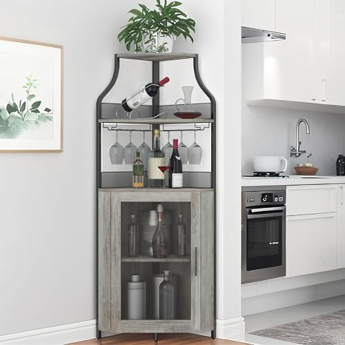 Eck-Weinregal, 5 Etagen Weinregal Freistehender mit Glashalter and Weinaufbewahrung, industrielles Weinbar Schrank mit Türen aus Metallgitter, 50 Flaschen Wein Bäckerregal für Bar, Küche 47x34x154cm-B